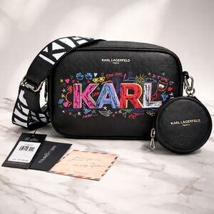 SOLD EB Karl Lagerfeld Black Crossbody Bag with Colorful Grafitti Logo RARE NWT